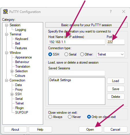PuTTY connection settings