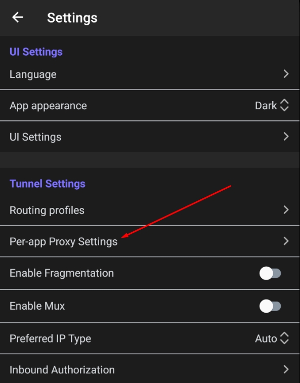 Settings — Proxy for selected apps